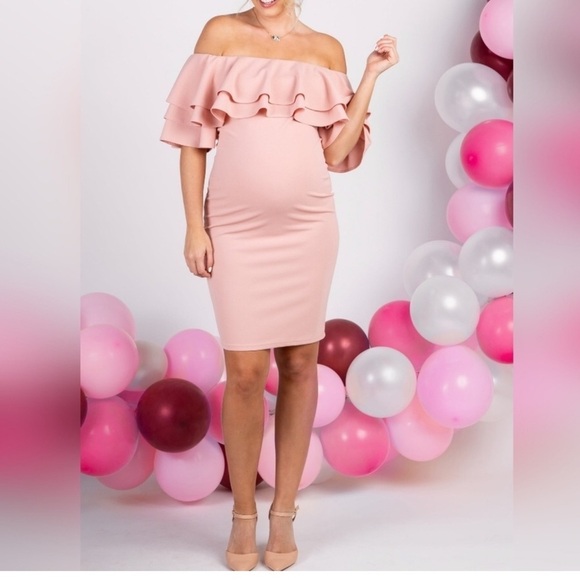 Pink blush mauve pink layered ruffle off shoulder fitted maternity dress Large - Picture 2 of 11